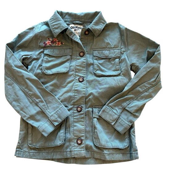 Osh Kosh Girl's 10 Green 100% Cotton Embroidered Floral Light Weight Long Jacket - Picture 1 of 4